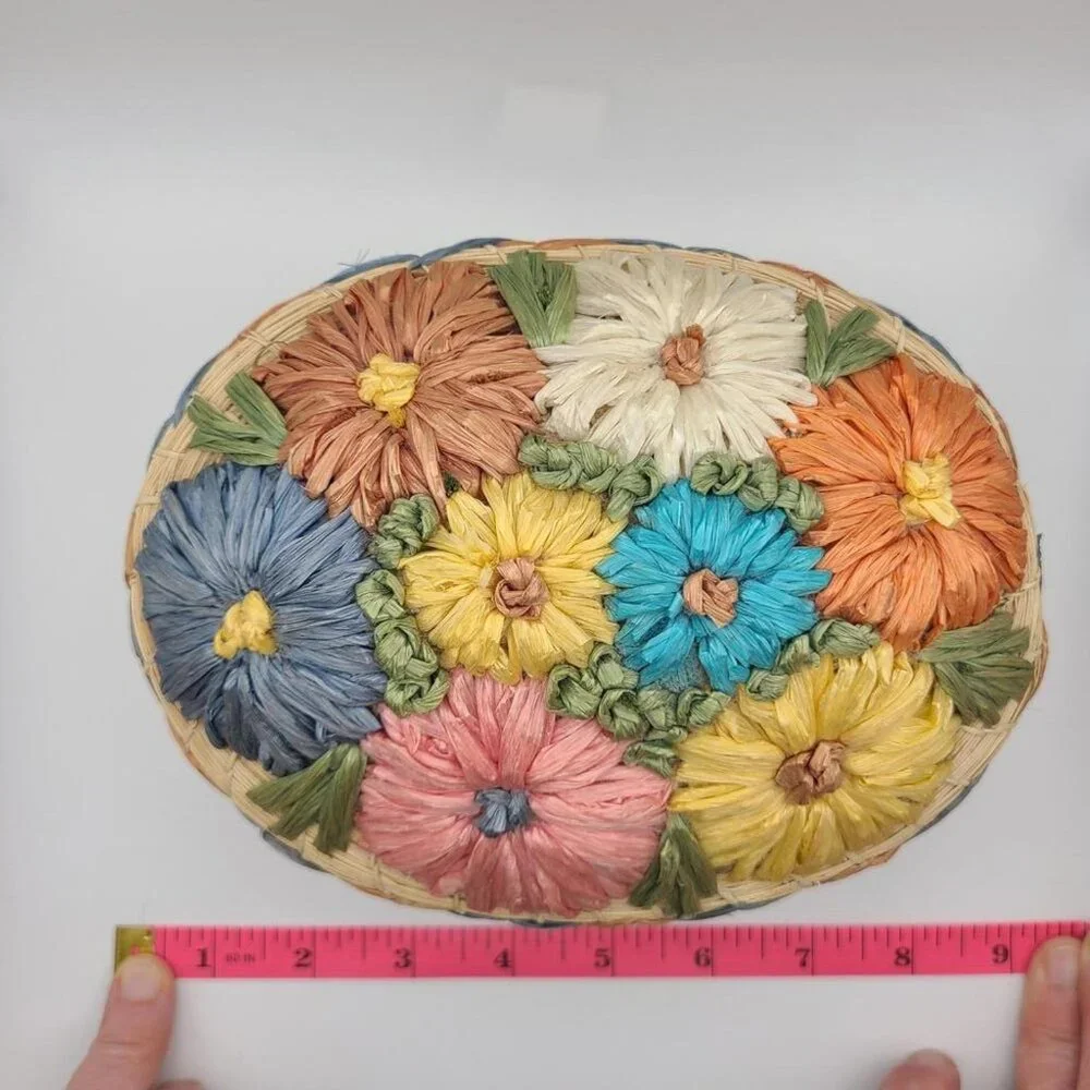 Vintage Handmade Woven Basket with Lid and Raffia Floral Embroidery